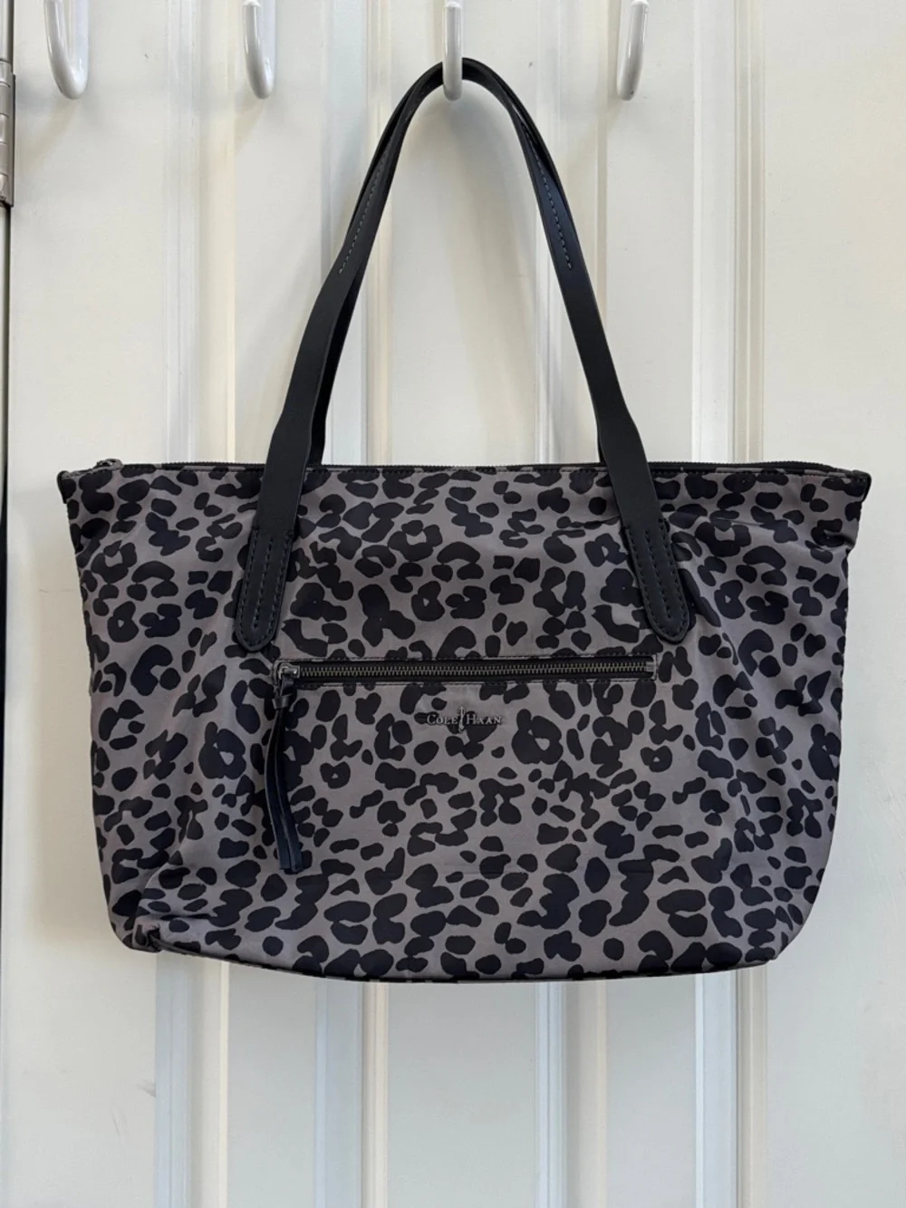 Cole Haan Gray Leopard Print Tote with Black Leather Handles
